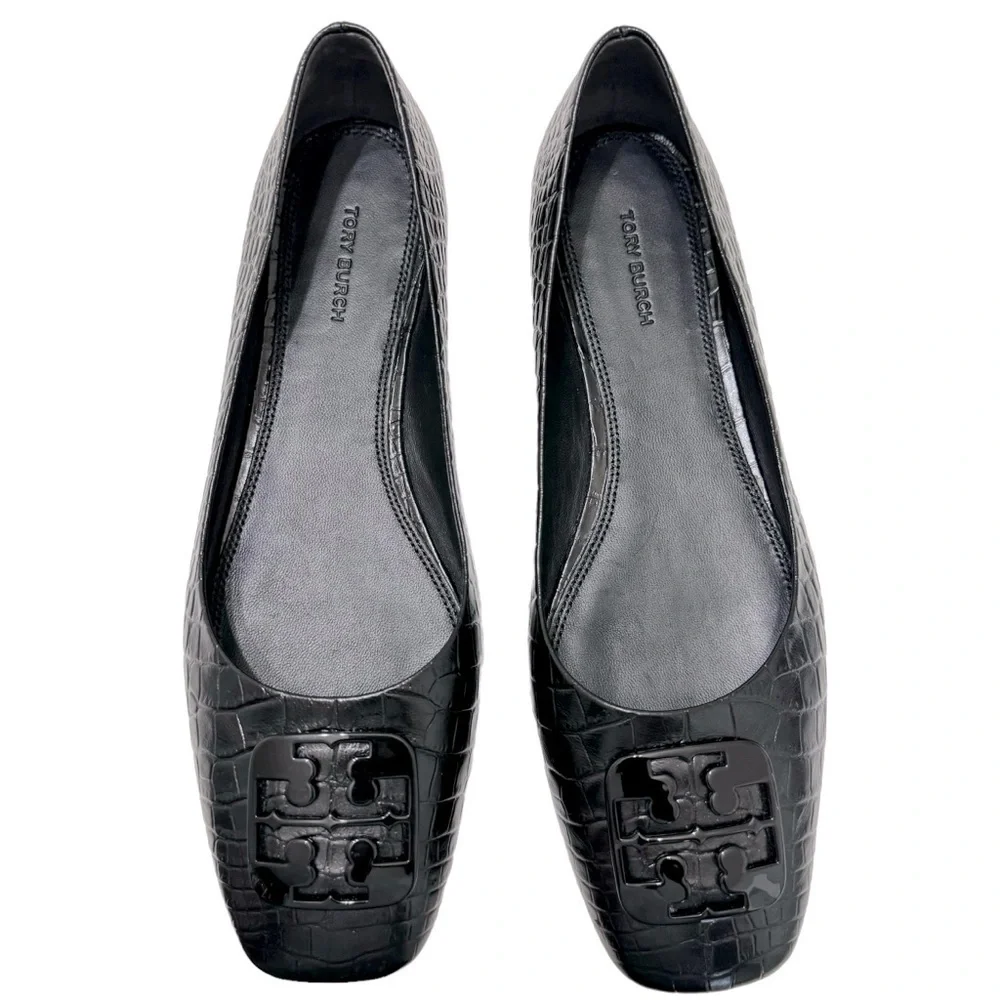 New Tory Burch Black square toe Georgia Croc-Embossed Leather Ballet Flat‎ 10.5